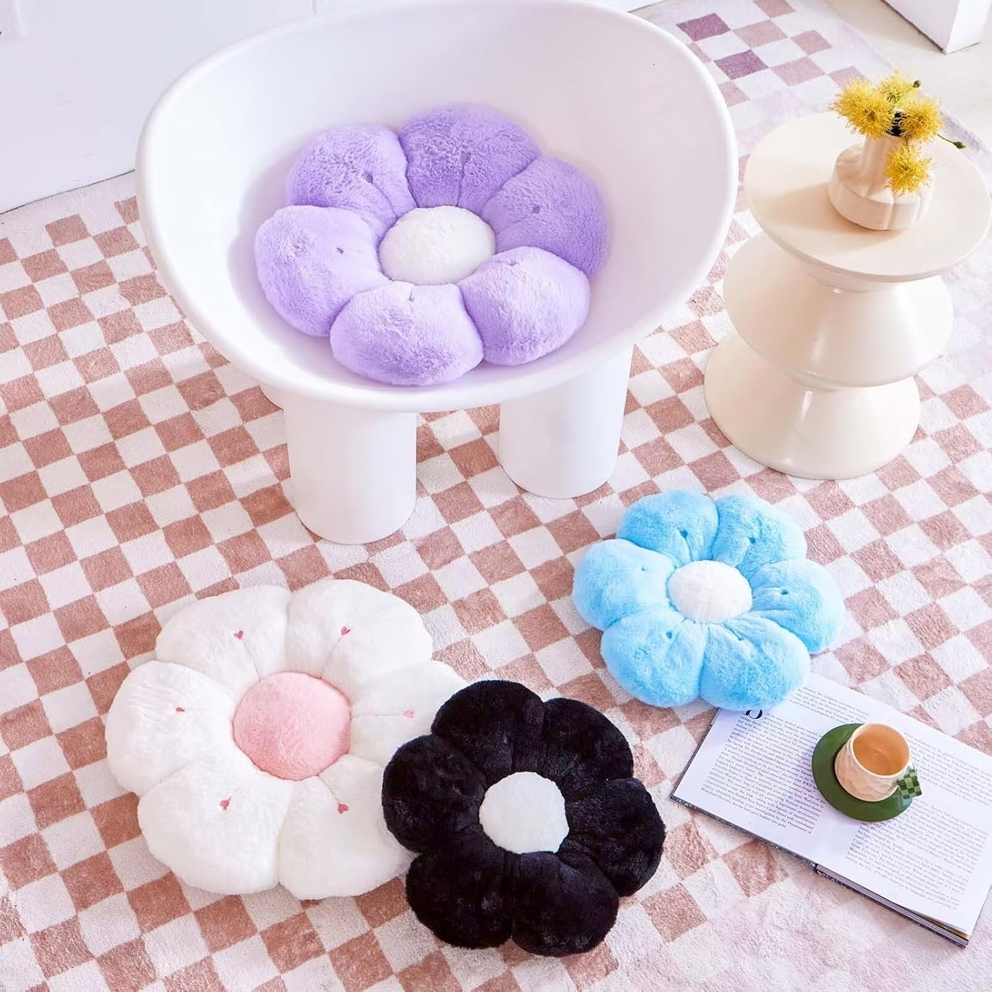 Flower Pillow, Cute Flower Shaped Decorative Pillow, Soft Rabbit Fur Daisy Pillow Home Decor Floor Seating Cushion for Bedroom Living Room (Blue 19.6 Inch)