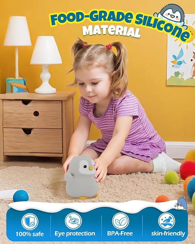 Cute Happy Penguin Night Light, Animal Lamp, Food Grade Silicone, Rechargeable, 2 Level Dimmable, Squishy Nursery Nightlight for Desk Decor, Funny Gifts Stuff for Boys Girls Baby, White Elephant Gifts