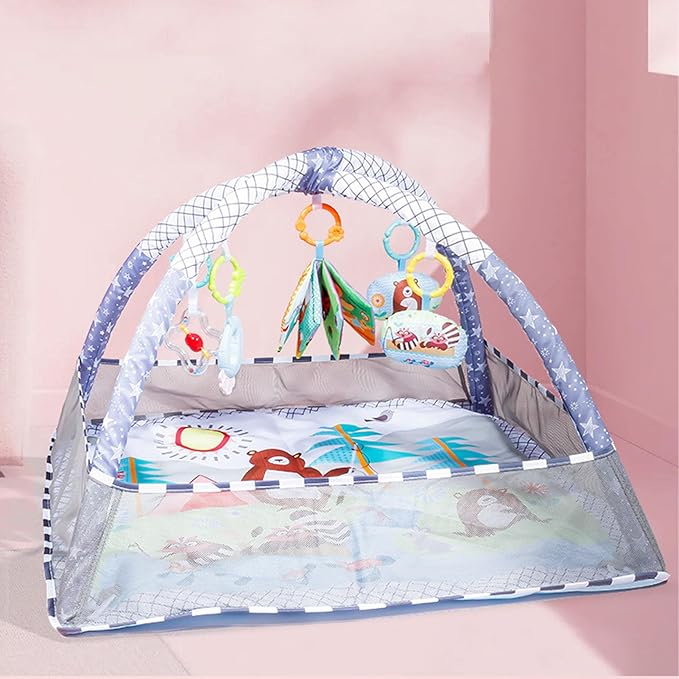 Baby Gym Play Mat, Cotton Playmats & Floor Gyms Portable Tummy Time Mat with 20Pcs Soft Ocean Balls Hanging Toys, Baby Mats for Floor Play