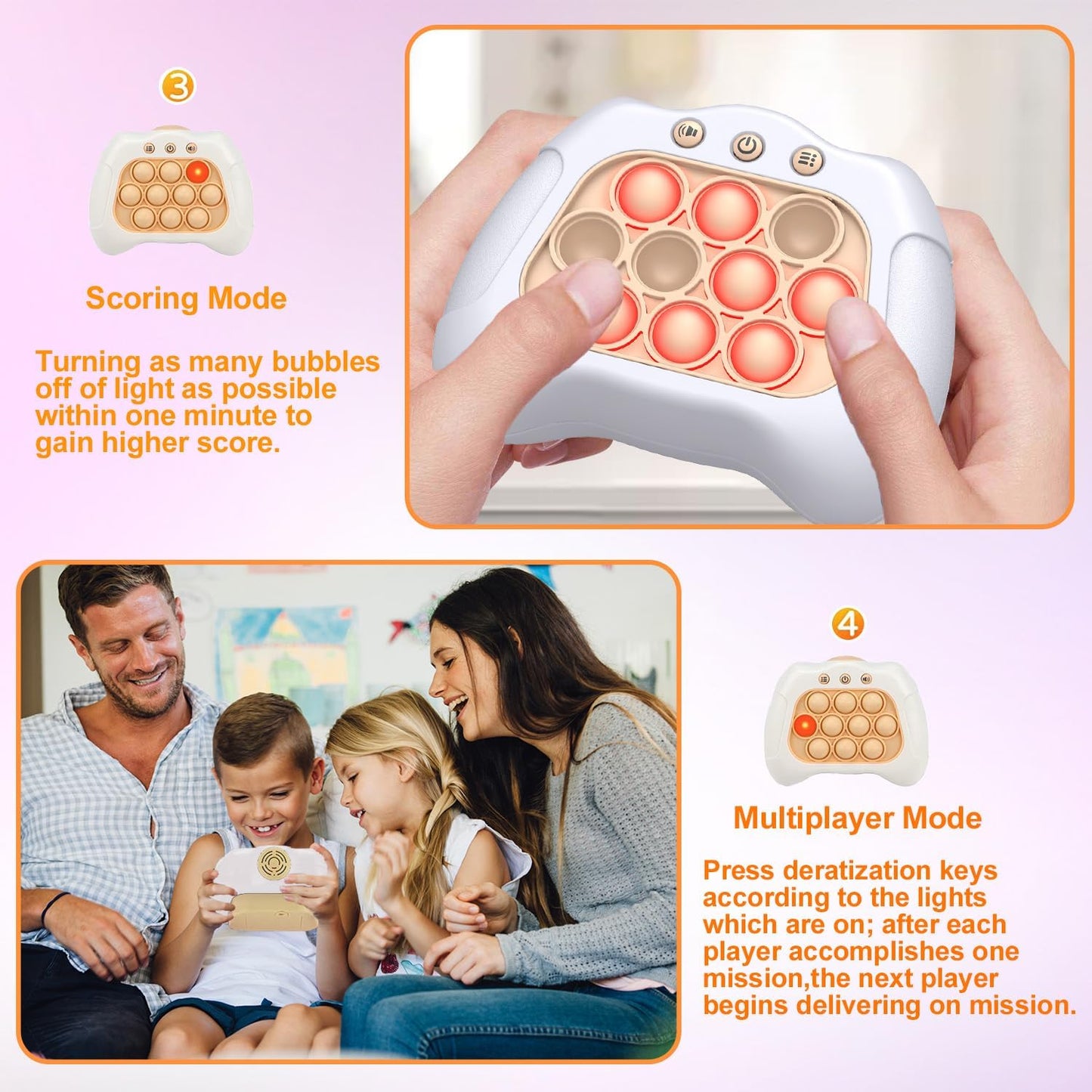 Quick Push Puzzle Game Machine Pop Fidget Light-Up Squeeze Poppet Sensory Toy Educational Push Pop Bubble Toy Stress Relief Party Favors Puzzle Game for Kids Teens Adults (White)