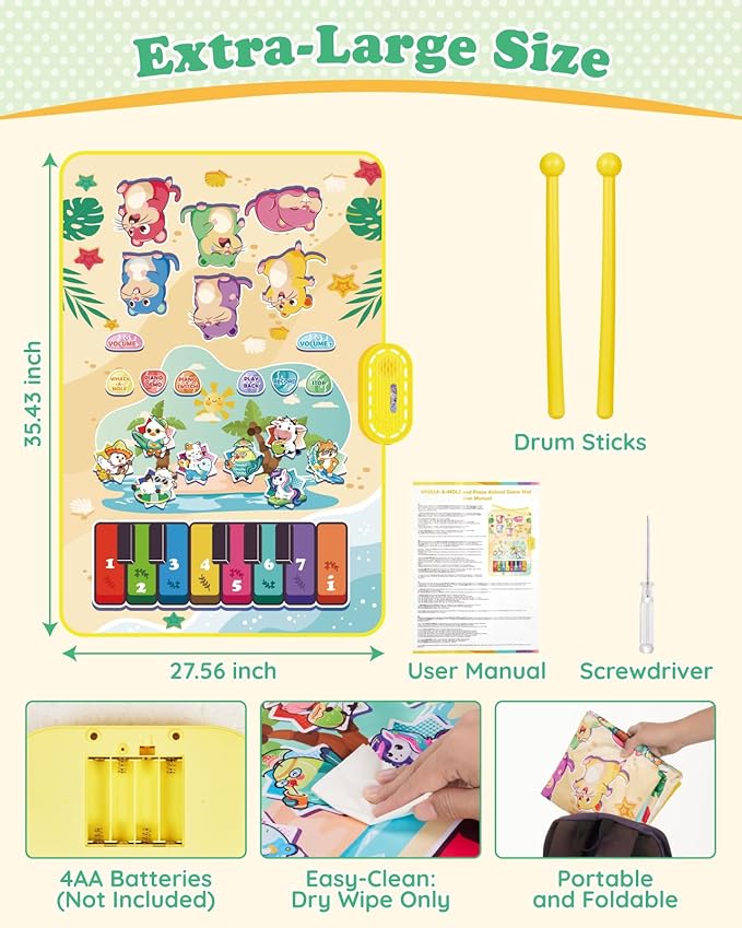 3-in-1 Musical Mat Toys for Toddlers, Led Light Up Mole Bashing & Piano Keyboard & Animal Sounds with 2 Drum Sticks,Early Educational Musical Learning Toys, Birthday Gifts for 3+ Boys & Girls