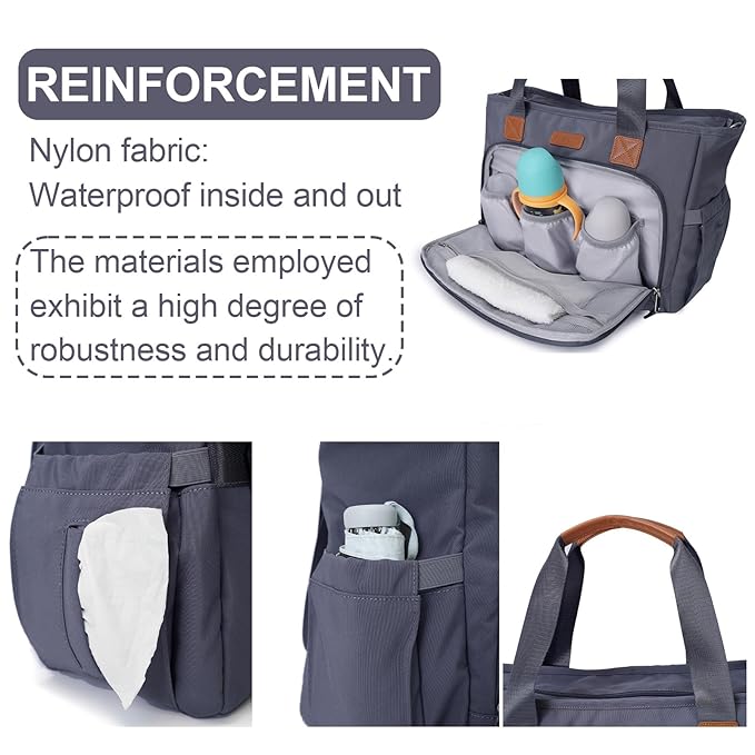 Diaper Bag Tote, with 16 Inch Laptop Compartment and 3 cooler Pocket Ideal for Boy (Dark Gray)