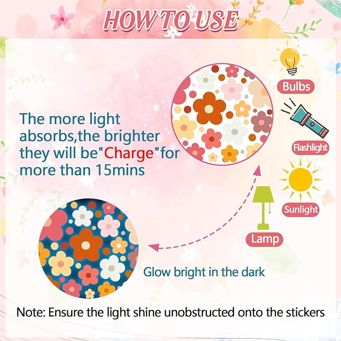 Glow in The Dark Y2k Cute Flowers Wall Decals，Glowing Luminous Colorful Boho Floral Wall Stickers Removable self-Adhesive Flower Decals for Girls Bedroom Kids Baby Nursery Living Room (Classic Color)