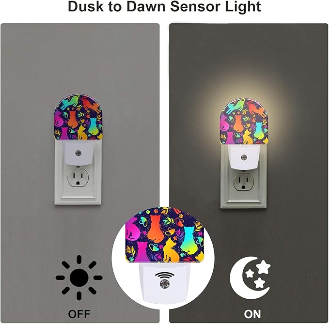 Colorful Cat Silhouettes Night Light, Cute Kittens Hearts and Paw Prints Dusk to Dawn Night Light Plug in,0.5w Energy Saving Sleep Friendly NightLight for Kids Boys Girls Home Decor