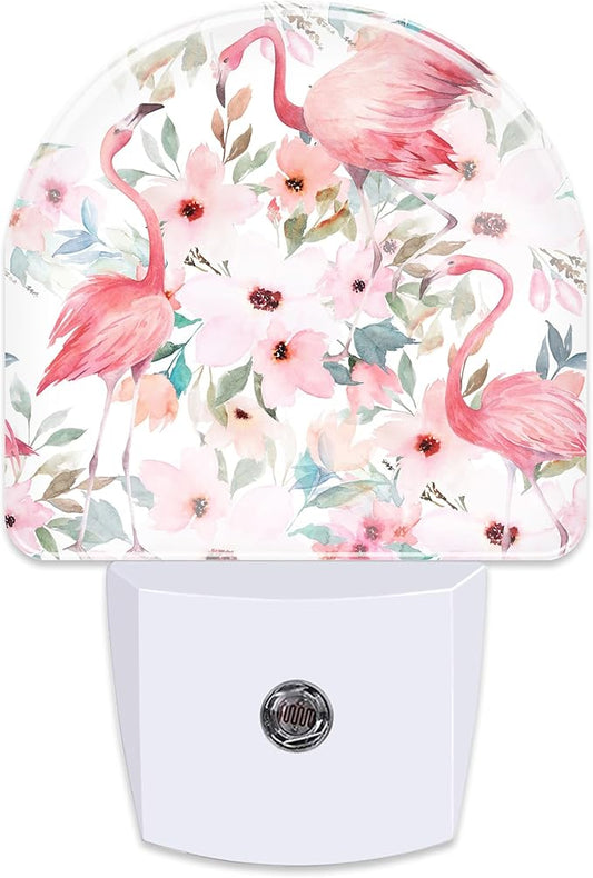 Pink Flamingos Flowers Night Light for Kids,Watercolor Tropical Floral Flamingo Night Light Plug in with Dusk to Dawn Sensor,0.5w Energy Saving Nightlight for Hallway Stairway Kitchen Bedroom