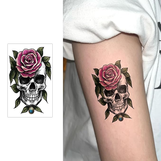 77 Sheets Flowers Skeleton Skull Temporary Tattoo for Women Men, 17 Half Arm Dark Gothic Punk Rocker Butterfly Fake Tattoos, 60 Scary Halloween Cosplay Tiny Adult Kid Body Tattoos Stickers Realistic