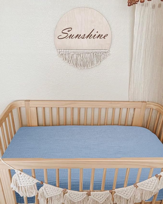 Mini Crib Sheets for Baby, Fitted Pack N Play Mattress and Mini Cribs 24" x 38", Neutral Muslin Cotton Mini Crib Mattress Sheet with Boho Style, Soft and Breathable Comfort (Costume Blue)