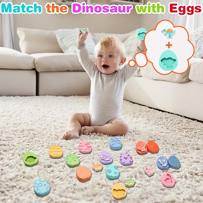 10 Pcs Wooden Puzzles for Toddlers 1-3 Year Old, 8 Pcs Colored Dinosaur and Egg Pairing Toys, Montessori Toys for Preschool Education for Toddlers