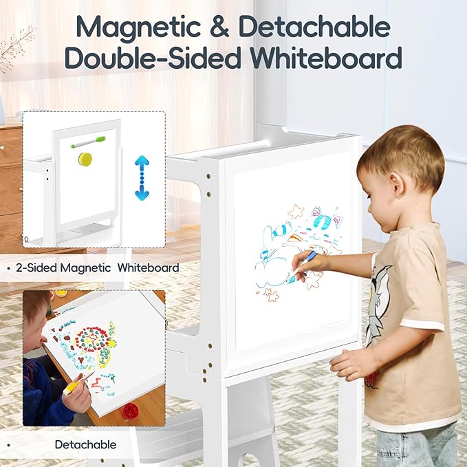 4 in 1 Kitchen Toddler Step Stool, Foldable Learning Toddler Standing Tower with Double-Sided Whiteboard, Wooden Kitchen Stool Helper for Kids 1.5 to 5 Years Old,Bathroom Sink Counter