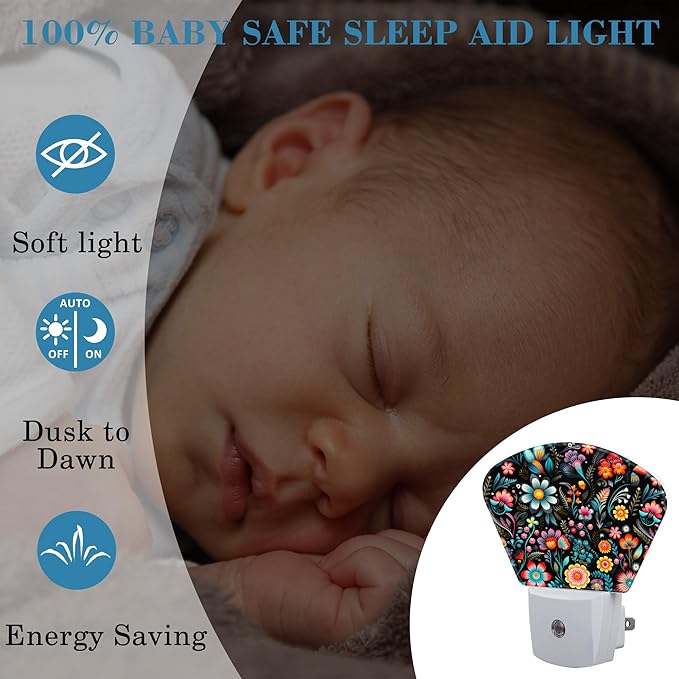 Embroidery Style Flowers Plug in Night Lights, Flowers Nightlight Plug Into Wall Dusk to Dawn Sensor for Kid Girls Boys Women Men Bedroom, Hallway, Kitchen, Bathroom, Stairs Decor