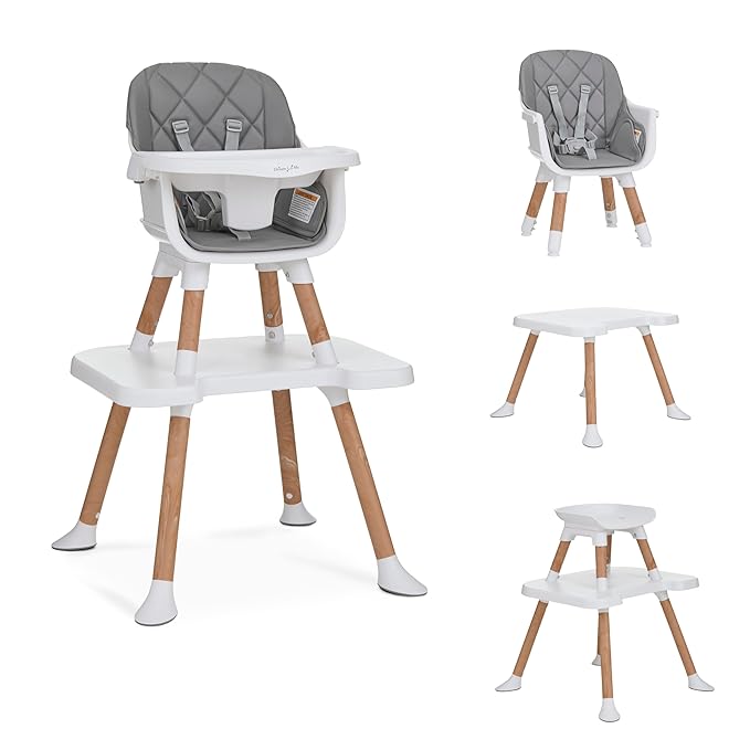 Dream On Me Luna 4-in-1 Convertible Baby High Chair in Cool Gray, Transforms into Booster, Toddler Seat & Table Set, Adjustable and Removable Tray Portable High Chair