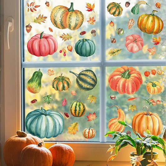 6 Sheets Fall Pumpkin Window Clings Colorful Autumn Pumpkins Leaves Pinecone Designs Double-Sided Fall Leaves Window Clings for Thanksgiving Home School Party Decor Accessories