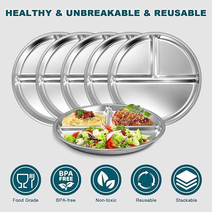 EWFEN Stainless Steel Toddler Plate Set of 6, 9" Portion Control Plates Divided Plate for Adults Kids Balance Lunch, Non Slip | Unbreakable Toddler Baby Feeding Set Dishwasher Safe