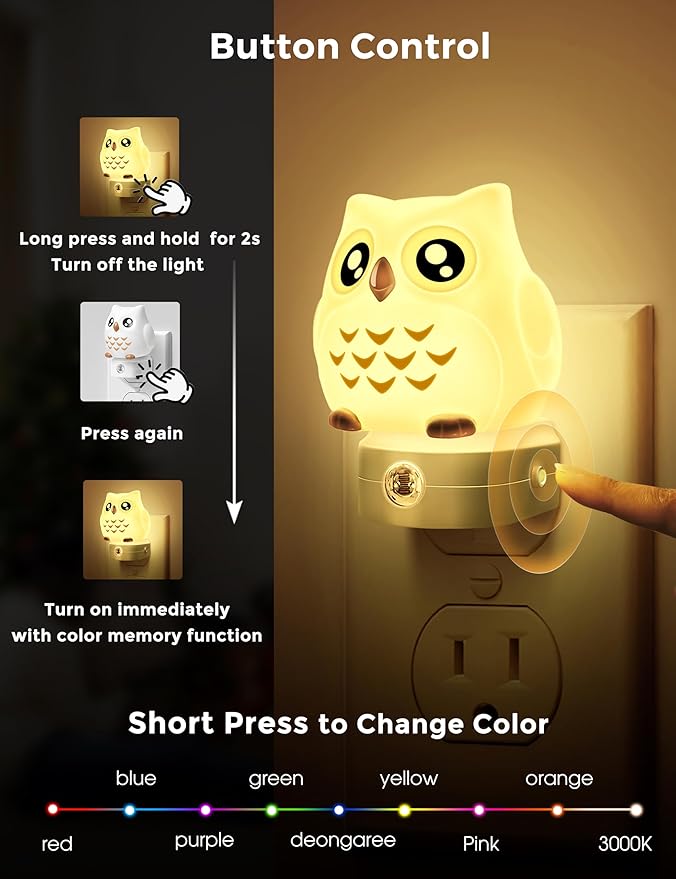 L LOHAS LED Owl Night Light for Kids, 3D Owl Night Light Plug in Wall, Dusk to Dawn Sensor, 8-Color Changing+Soft White 3000K, 3 Lighting Modes, Nursery Night Lights, Children, Room Decor