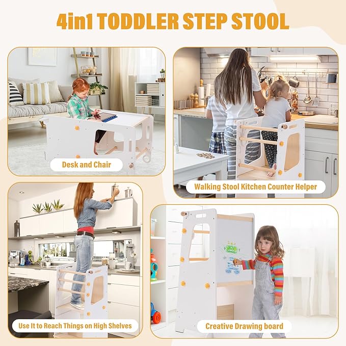 Toddler Standing Tower, Toddler Step Stool with White Board&Convertible Table and Chair, Kitchen Stool Height Adjustable with Safety Rail, Helper Tower for Kids Cooking