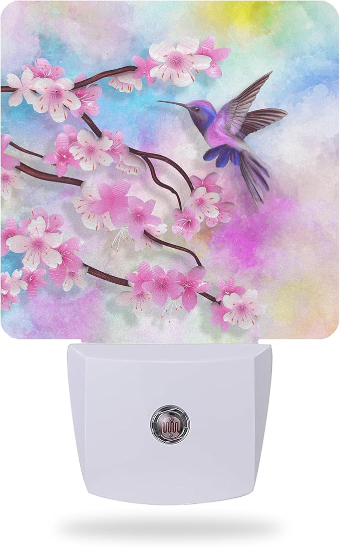 Cherry Blossoms Night Light,Humming Bird Night Lights Plug into Wall for Boys Girls Bedroom Decorative Half Round Nightlight Led Lamp 0.5W Sleep Friendly