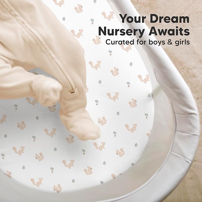 2-Pack Organic Bassinet Sheets for Girls, Boys - 100% Cotton Bassinet Mattress Sheets Compatible with Halo Bassinest Swivel Sleeper, Graco, Baby Delight, Chicco, Fitted Bassinet Sheets (Nibble/Bruce)