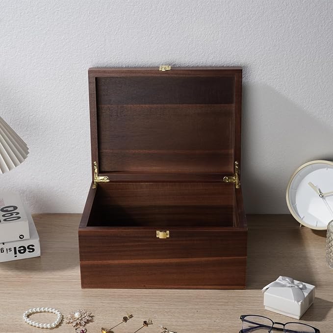 Large Wooden storage box - Wood Box with Lid for Home Decor, Ideal for Keepsakes, Trinkets, Jewelry & Photo, 11x 8.9x4.9 IN, Rustic Design-WB004- Large