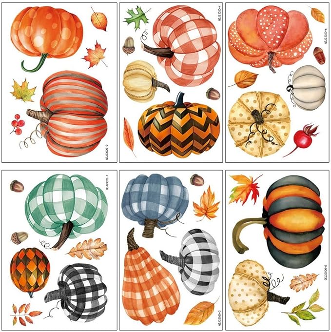 6 Sheets Pumpkin Window Stickers Thanksgiving Window Clings Double-Sided Fall Leaves Window Stickers Decor Autumn Window Clings for Glass Windows Holiday Home Kitchen Office Decorations DIY Supply