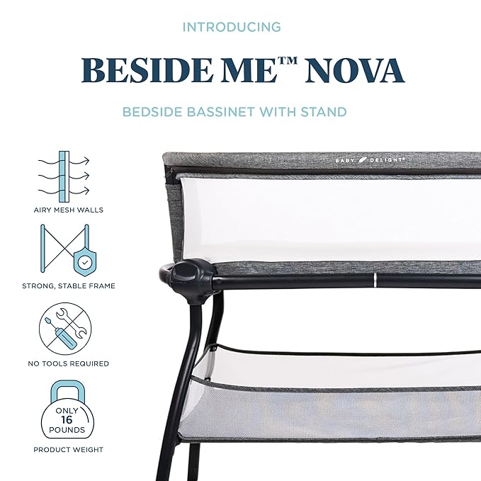 Baby Delight Beside Me Nova | Bedside Bassinet | Removable and Portable Bed | for Infants 0 – 5 Months | Charcoal Tweed