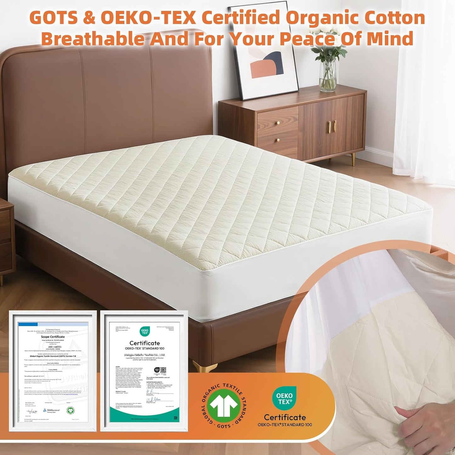 Lofe Organic Cotton Twin Mattress Protector - Top&Side 100% Waterproof Mattress Protector, Breathable Organic Mattress Protectors, Noiseless Twin Mattress Protectors Waterproof 75x39x17 in