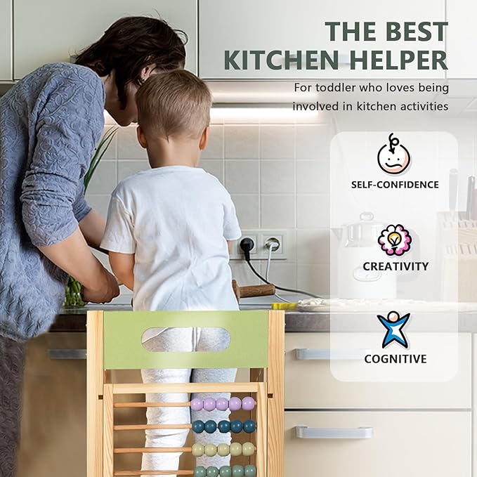 Foldable Toddler Tower with 3 Adjustable Height Step Stool, Easy Clean Toddler Kitchen Stool Helper, Montessori Learning Tower Stool for Toddlers with Chalkboard & Counting Beads