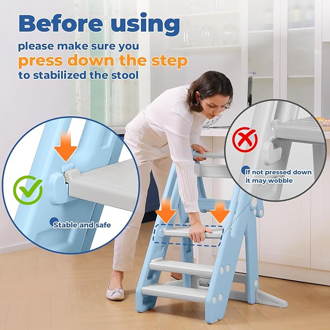 Onasti Toddler Tower Kitchen Stool Helper, Foldable & Adjustable Height Kids Learning Stool for Kitchen Counter Bathroom Sink, Child Ladder for Toddlers with Handles, Safty Rail, Non-Slip Pads-Blue