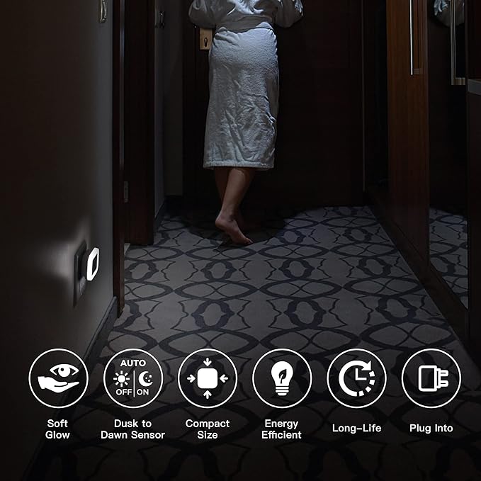 Plug-in LED Night Light with Dusk to Dawn Sensor for Hallway, Stairs, Bathroom, Kitchen, Bedroom, Nursery, Kids Room, Daylight White, Pack of 6