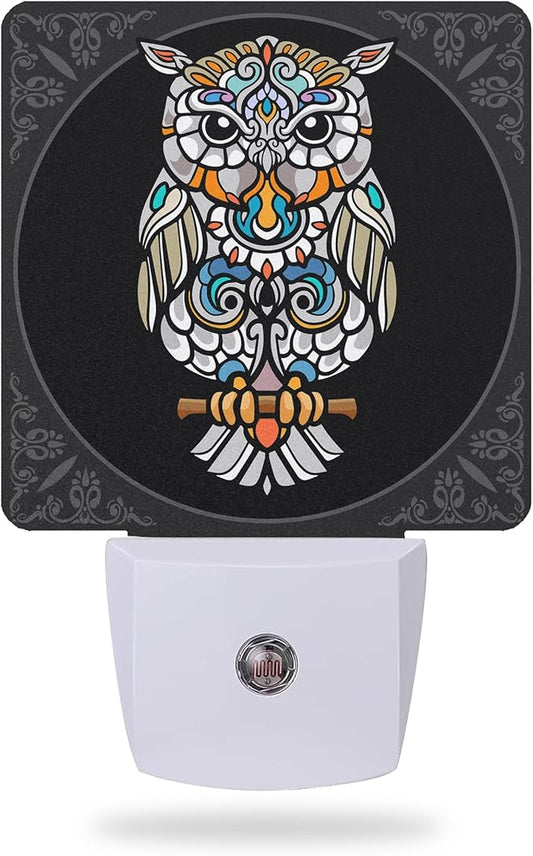 Colorful Owl Bird Night Light Plug into Wall, Mandala Night Light with Dusk to Dawn Sensor for Kids, Room Decor, Hallway, Kitchen, Bathroom, Nursery, Stairs