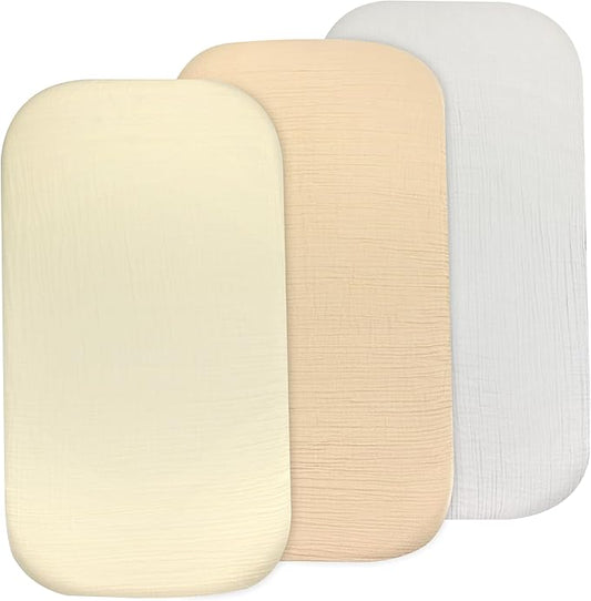 3-Pack Organic Muslin Bassinet Fitted Sheets, Compatible with Halo, Snoo, Graco, Dream On Me, Delta, and Other Standard Size Bassinets - Fits Oval, Hourglass, & Rectangle Shapes (32 x 16 x 4 Inches)