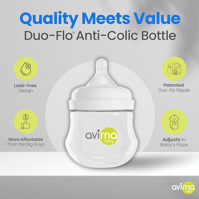 Avima Baby 4 oz Anti Colic Baby Bottles for Breastfed Babies - Slow Flow Nipples, Wide Neck Bottle, BPA Free - Newborn 0-3 Months, Stage 1 (Set of 6)