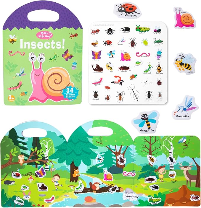Jelly Reusable Sticker Books for Toddlers 1-3 2-4 Years, Portable Travel Toys Sticker Activity Book for Kids 2 3 4 Year Old Girls Boys (Insects)
