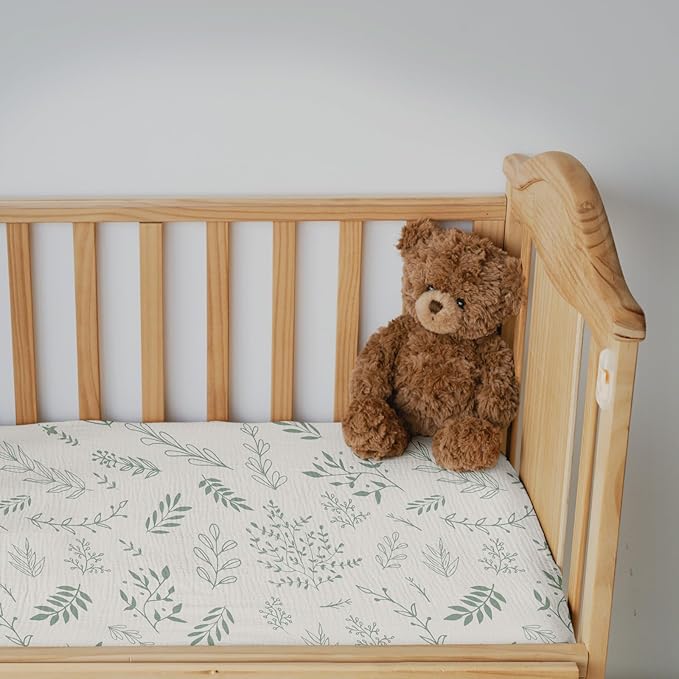 Muslin Mini Crib Sheets, 2 Pack for Baby Boy and Girl, Soft Breathable Stretchy Baby Pack N Play Mattress and Mini Cribs Sheet, Universal Fitted Portable/Mini Crib Mattresses (Natural Leaves)