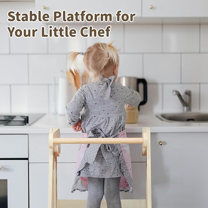 Foldable Toddler Tower Preassembled Kitchen Stool, Folding Tower for Learning with 3 Adjustable Heights Montessori Toddler Standing Tower Collapsible Step Stool for Kids 1.5-6y Natural