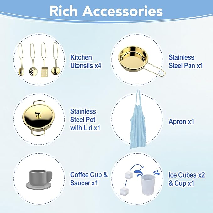 Play Kitchen for Kids, Wooden Children Kitchen Playset w/Coffee Maker, Oven, Stove, Sink, Apron, Ice Maker, Cookware, Kids Toy Kitchen Set for Toddler Girls Boys Pretend Play Toy Gift Ages 3+