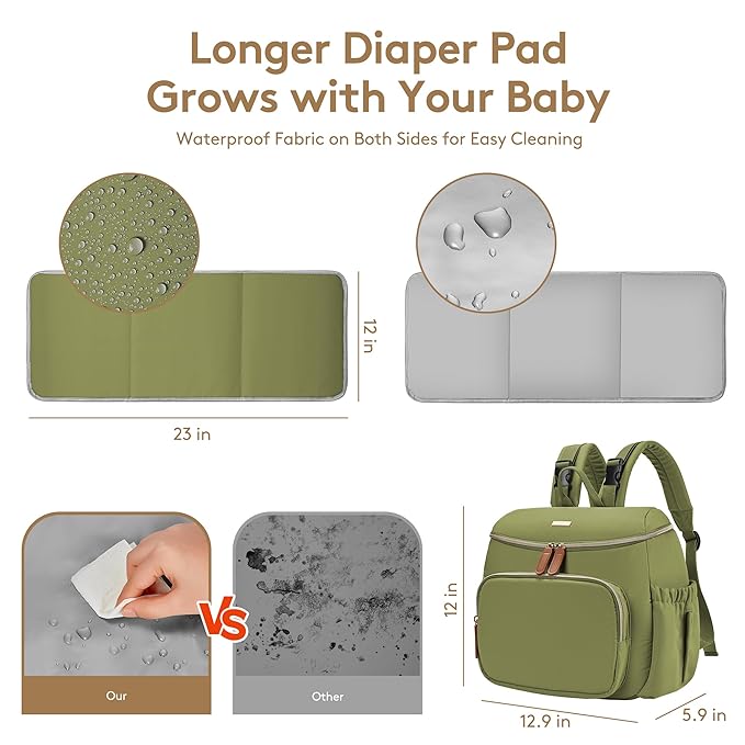 Small Diaper Bag Backpack, Lightweight Baby Bag for Moms and Dads, Compact Travel Diaper Backpack with Stroller Straps & Changing Pad, Waterproof & Stylish Baby Bag for Everyday Essentials - GREEN