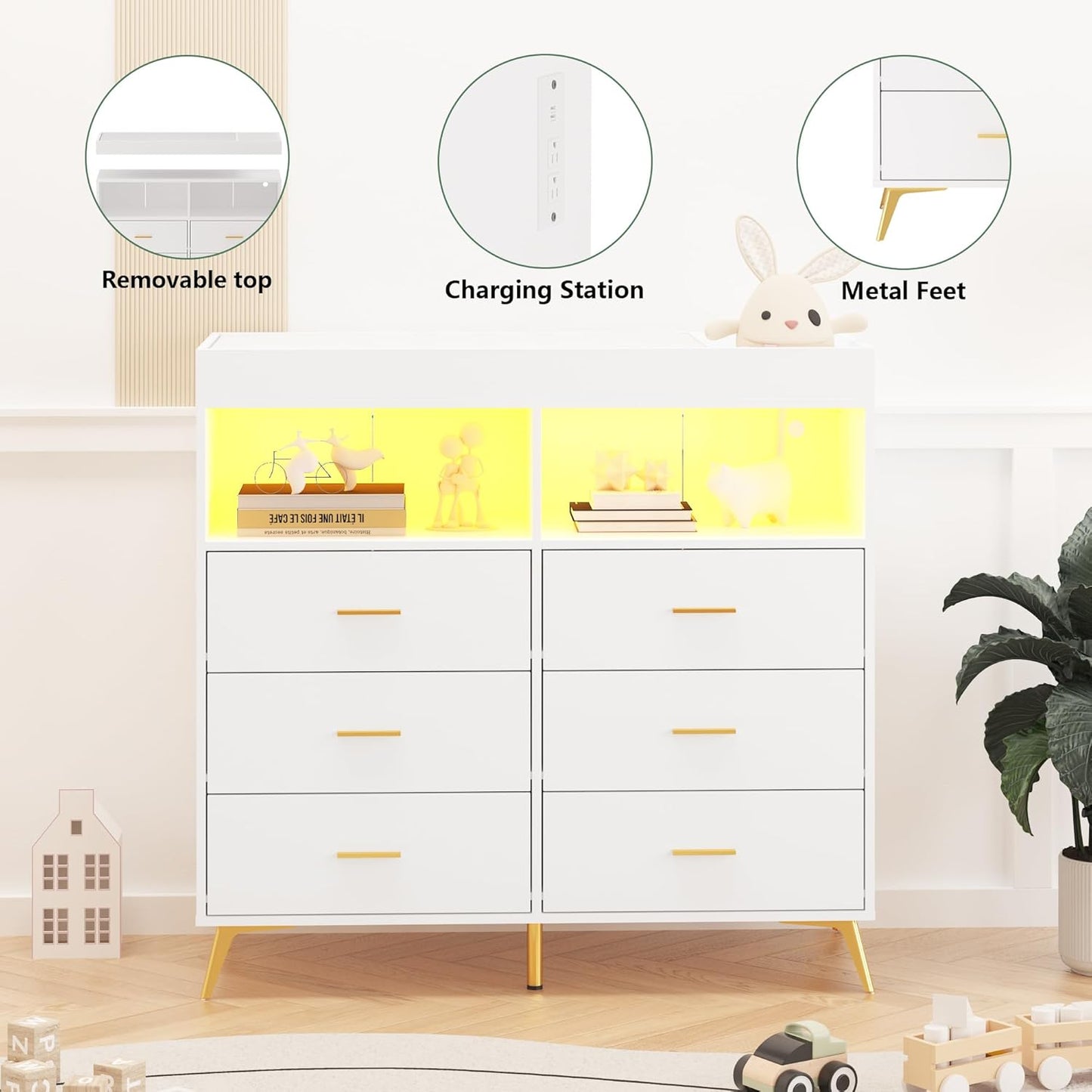 GarveeHome Dresser for Bedroom with 6 Drawers, Baby Changing Table Dresser with Changing Pad, LED Lights & Charging Station, Baby Changing Station with Changing Table Top, White