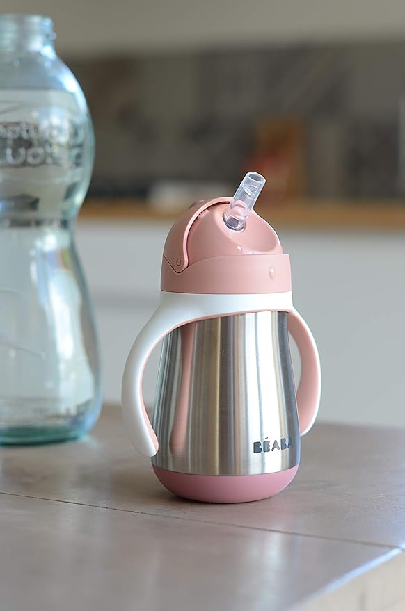 BEABA Stainless Steel Straw Sippy Cup, Insulated Toddler Cups Spill Proof with Removable Handles, Made with High Grade Stainless Steel, 8+ months, 8.5 oz, Rose