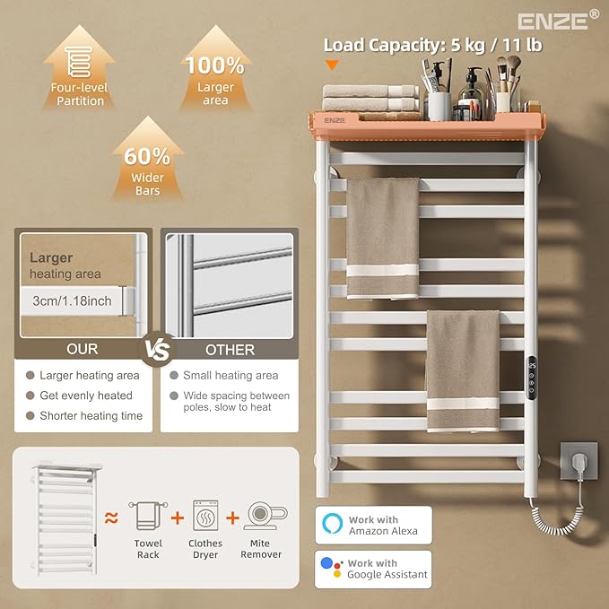 ENZE Heated Towel Rack with Shelf and Wi-Fi App Control, 11 Bars Electric Wall Mounted Towel Warmer with Timer & Adjustable Temperature, Low Carbon Steel, Plug-in/Hardwired, White