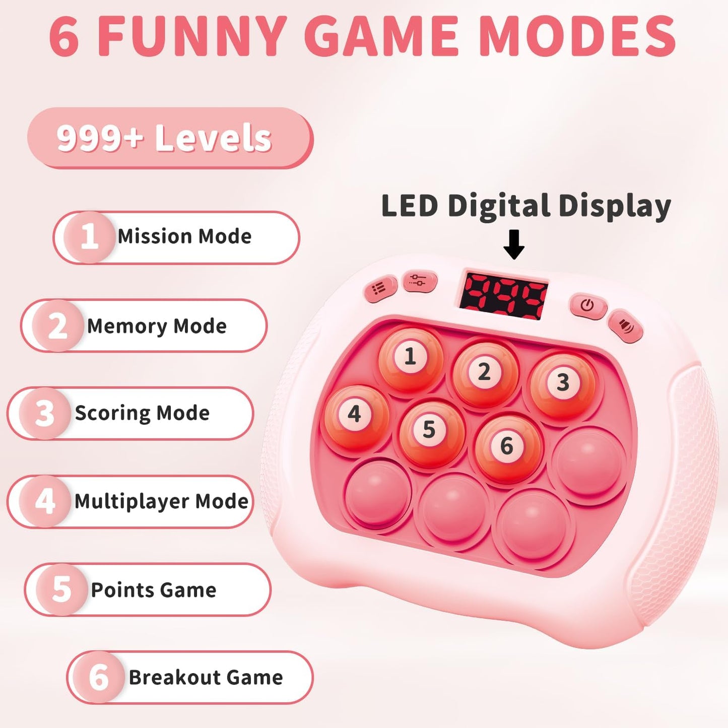 Pop Game Light Up Fidget Toy for Kids, 6 Modes LED Screen Quick Push Pop Game Controller Electric Fidget Popper Game Quick Push Bubble Game Birthday Toys for Girls Pink