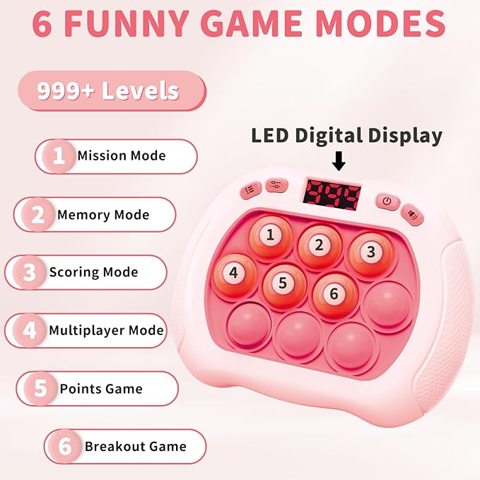 Pop Game Light Up Fidget Toy for Kids, 6 Modes LED Screen Quick Push Controller Electric Fidget Popper Bubble Game Car Games Travel Activities Birthday Toys for Girls Pink