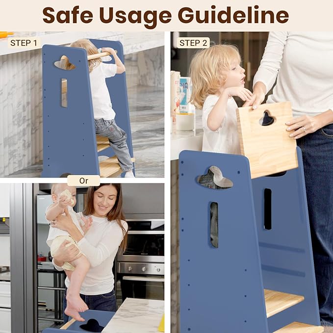 COSYLAND Toddler Standing Tower Adjustable Height - Super Stable Kids Kitchen Stool Helper - 3 Levels Adjustable Wooden Toddler Kitchen Stool (Natural & Navy Blue)