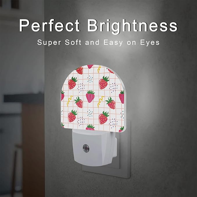 Cute Red Strawberries Night Light Plug into Wall, Abstract Funny Fruits Dusk to Dawn Night Light Plug in,0.5w Energy Saving Sleep Friendly NightLight for Kids Boys Girls Home Decor