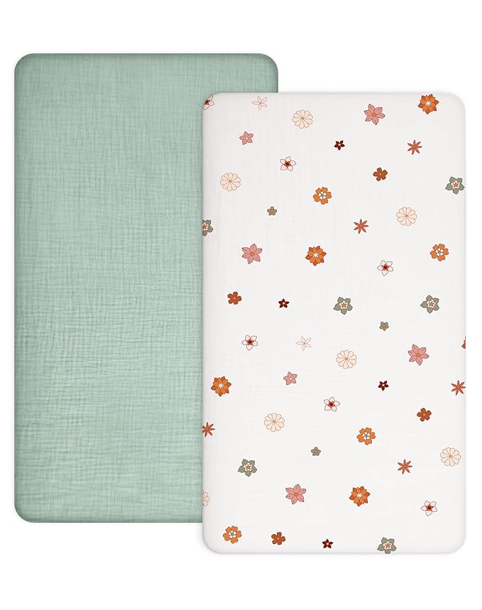 Crib Sheets for Baby Boy Girl 2 Pack, Fitted Crib Mattress Sheet 28" x 52", Muslin Toddler Bedding with Neutral Style, Nursery Bedding Essentials (Sage & Flower-B)