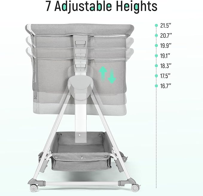 Cowiewie Bassinet Bedside Sleeper, Baby Bassinet with 7 Adjustable Height, Bedside Bassinet for Baby with Storage, Breathable Mesh & Mattress, Portable Bassinet Easy Folding (Grey and White)