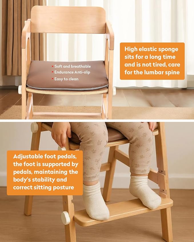 Wooden High Chair for Toddlers, Children Highchairs with Adjustable Cushion and Steps, Kids Wood High Chair for Dining Eating and Studying, from 3 Years up to 300 Lbs