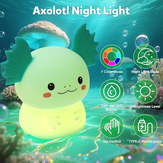 Axolotl Lamp, Axolotl Night Light, Eye-Caring Dimmable LED, Rechargeable Silicone Bedside Lamp, Night Lamp for Kids, Gifts for Boys and Girls, Funny Animal Light,Living Room,Kids Room&Girls Room Decor