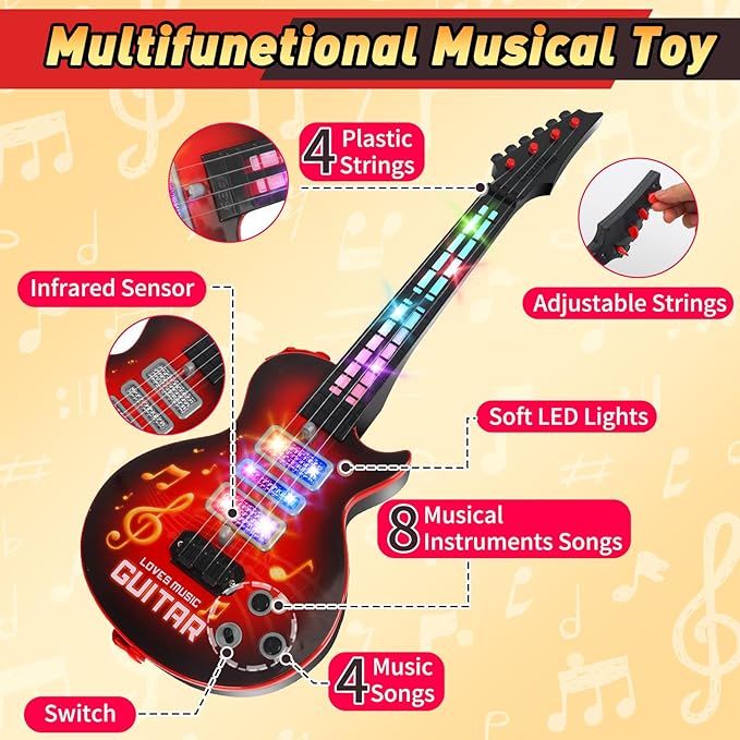 Kids Guitar Toy for 3 Year Old Boy Gift 21 Inches Electric Guitars with 4 Strings for Toddlers Light Up Music Toys for Boys Girls Gifts Ages 3 4 5 (Red)