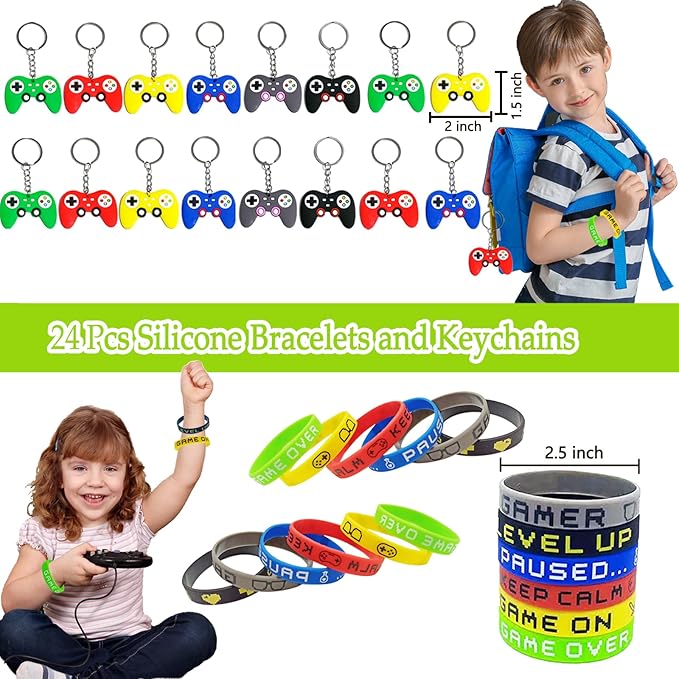 120 Pcs Video Game Party Favors Party Supplies Invisible Ink Pens Notebook Silicone Bracelet Gift Paper Bag Video Game Controller Keychain Birthday Supplies for Kids Gamer Party Favors