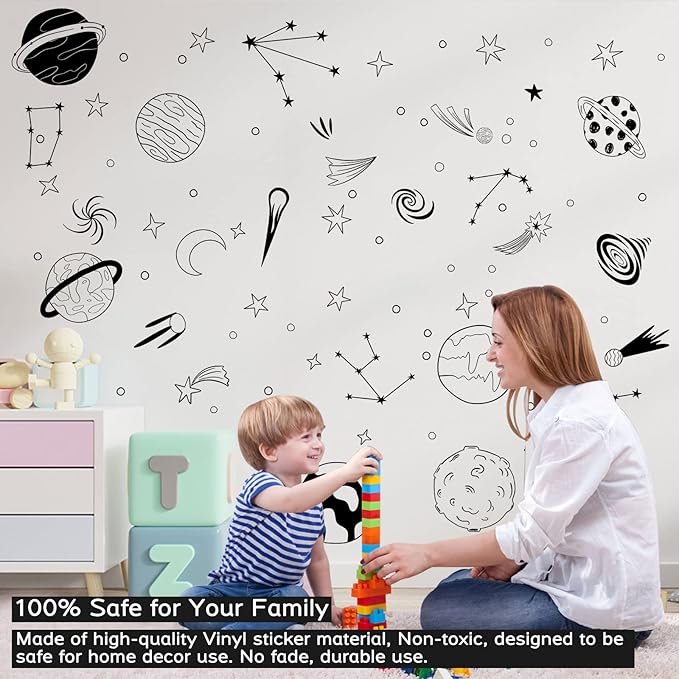 Space Themed Nursery Wall Decals Kids Room Wall Art, Outer Space Nursery Decals, Star Decals, Kids Room Decor, Nursery Decor, Planets Wall Stickers for Boys Bedroom Playroom Wall Decor